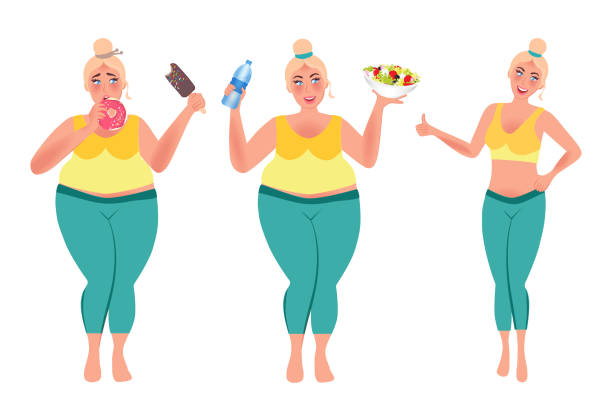 Healthy lifestyle and proper nutrition. Physiological state of the organism Girl eat healthy food and lose weight. Full girl before weight loss and after. Vector illustration of healthy lifestyle see through leggings stock illustrations