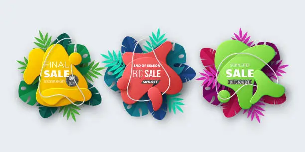 Vector illustration of Summer sale banner with tropical palm leaves.