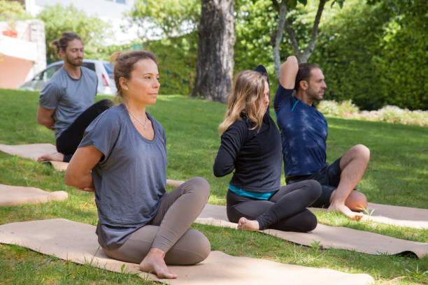 istock Focused yogis sitting on mats in twist pose 1151364713