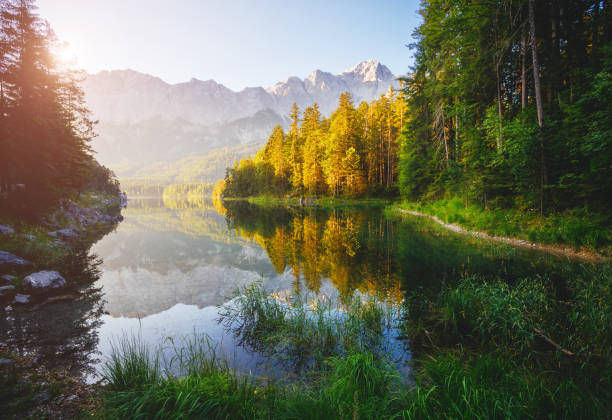 immagine magica del famoso lago eibsee. posizione resort garmisch-partenkirchen, alp bavarese, visitare l'europa. - zugspitze mountain mountain summer european alps foto e immagini stock