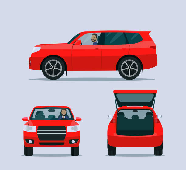 Red SUV car isolated. Car with driver man side view, back view and front view. Vector flat style illustration Red SUV car isolated. Car with driver man side view, back view and front view. Vector flat style illustration sports utility vehicle illustrations stock illustrations