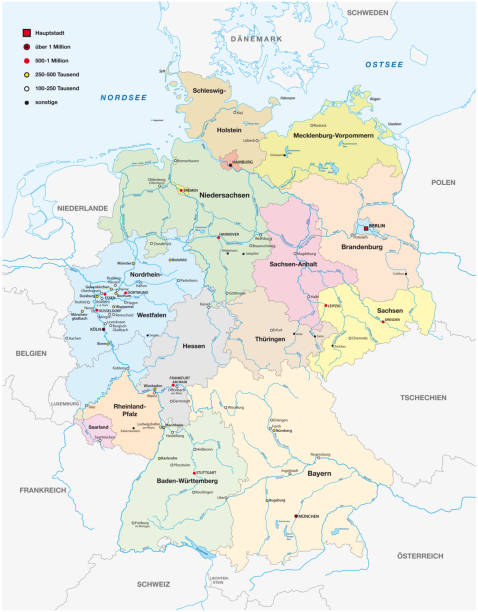 illustrations, cliparts, dessins animés et icônes de carte de l’allemagne avec toutes les villes plus de 100 000 habitants en langue allemande - nrw