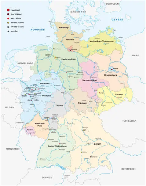 Vector illustration of map of germany with all cities over one hundred thousand inhabitants in german language