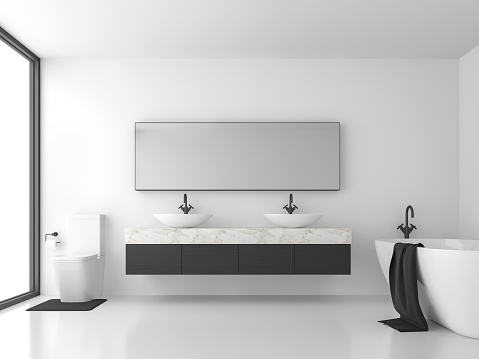 Minimal style bathroom with black and white 3d render.There are white floor and wall, black wood and white marble sink counter,The room has large windows. Natural light shines inside.