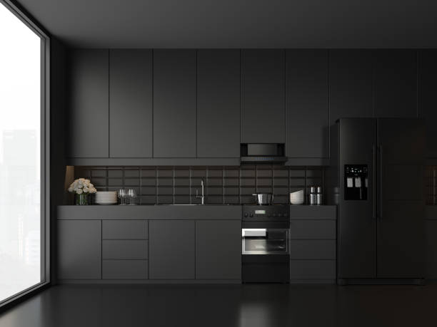 미니 멀 스타일 블랙 주방 3d 렌더링 - domestic kitchen furniture decor luxury 뉴스 사진 이미지