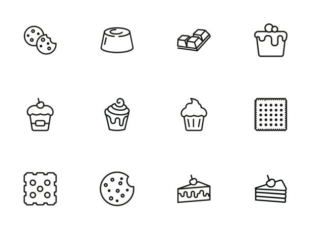 illustrazioni stock, clip art, cartoni animati e icone di tendenza di set di icone della linea torte e biscotti - muffin dolci