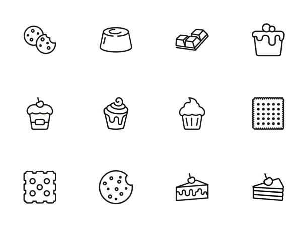 Cakes and cookies line icon set Cakes and cookies line icon set. Muffin, cupcake, slice. Dessert concept. Can be used for topics like pastry, bakery, menu dessert stock illustrations