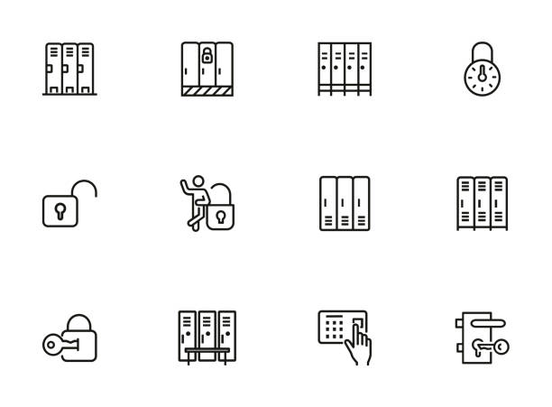 Lockers line icon set Lockers line icon set. Gym, school, key, safe. Lock concept. Can be used for topics like safety, security, privacy locker stock illustrations