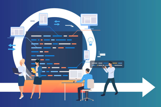 профессиональная группа, работающая над проектом - laptop business arrow sign flowing stock illustrations