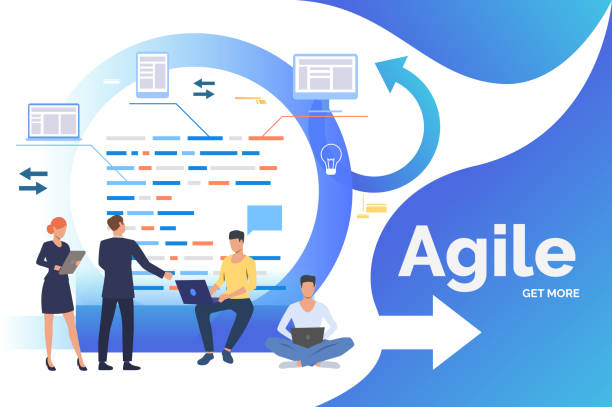 teem обсуждая задачи на доске kanban - agility stock illustrations