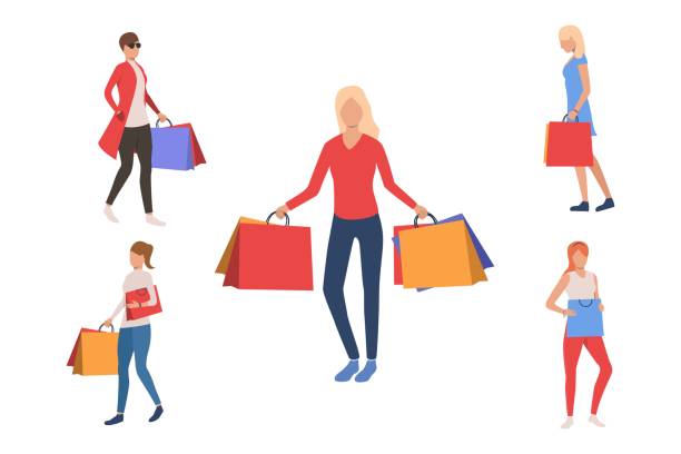 ilustrações de stock, clip art, desenhos animados e ícones de set of shopping young women - shopping bag paper bag retail drawing