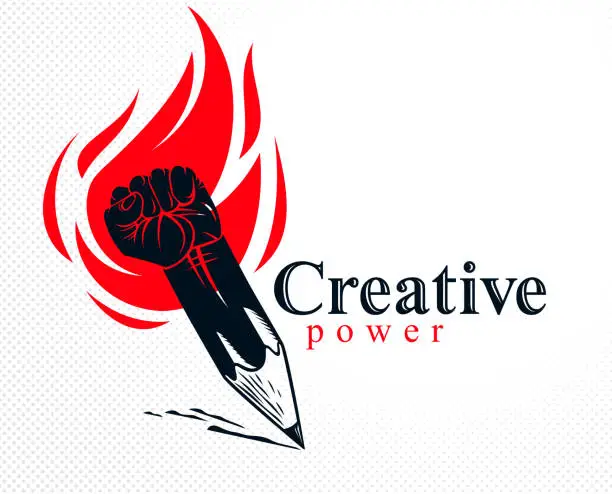 Vector illustration of Strong design or art power concept shown as a pencil with clenched fist combined into symbol with fire flame, vector sign or creative conceptual icon for designer or studio, science research.