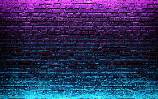 Modern futuristic neon lights on old grunge brick wall room background. 3d rendering