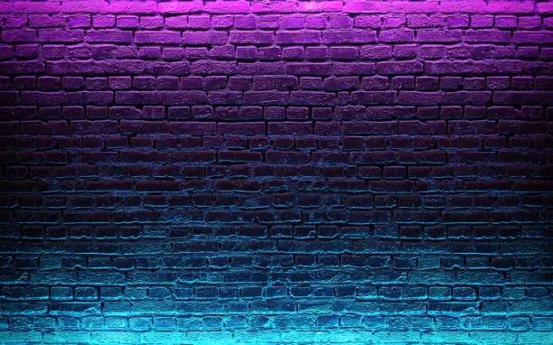 Photo of Modern futuristic neon lights on old grunge brick wall room background. 3d rendering