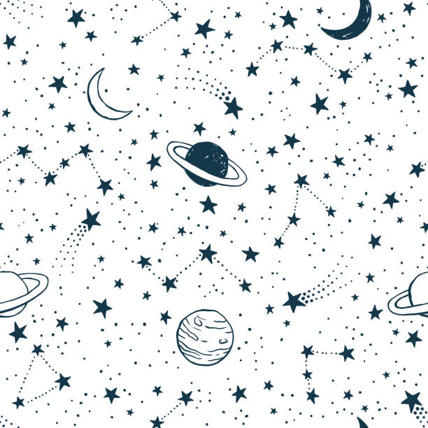 Seamless dark blue space pattern with planets, constellations and stars Vector dark blue space seamless pattern with planets, comets, constellations and stars. Night sky hand drawn astronomical doodles on white background cartoon of blue sky texture stock illustrations