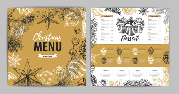Hand drawing Christmas holiday menu design. Restaurant menu Hand drawing Christmas holiday menu design. Restaurant menu star anise stock illustrations