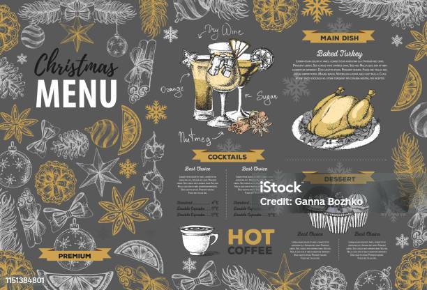 Hand Drawing Christmas Holiday Menu Design Restaurant Menu Stock Illustration - Download Image Now