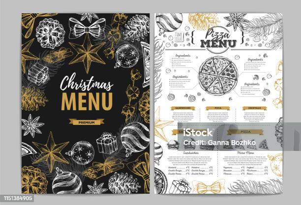 Hand Drawing Christmas Holiday Menu Design Restaurant Menu Stock Illustration - Download Image Now