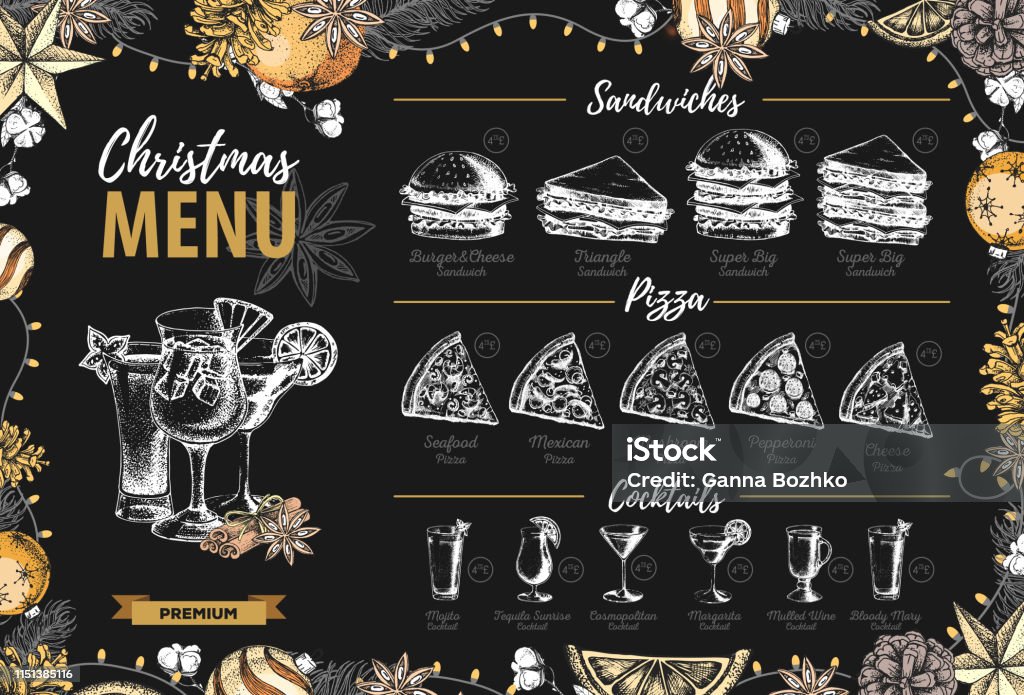 Hand drawing Christmas holiday menu design. Restaurant menu Alcohol - Drink stock vector