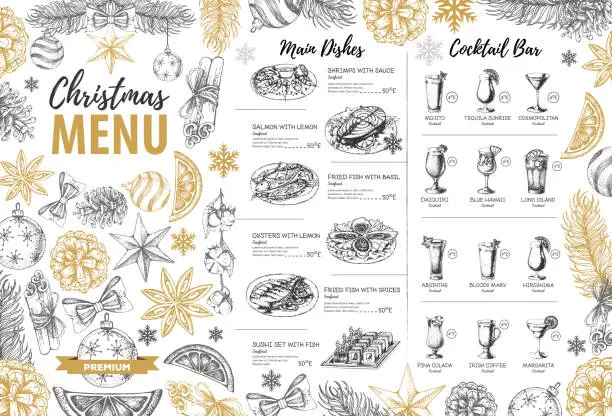 Vector illustration of Hand drawing Christmas holiday menu design. Restaurant menu