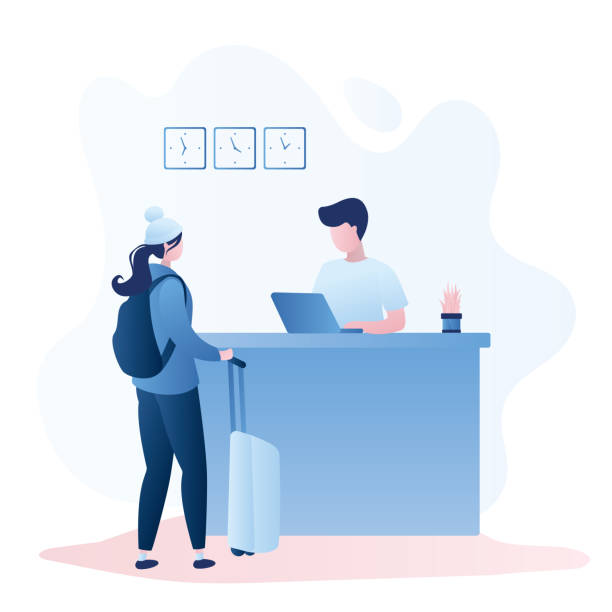 Female traveller with backpack and suitcase and male receptionist on workplace, Female traveller with backpack and suitcase and male receptionist on workplace,reception interior,check-in process,trendy style vector illustration hotel illustrations stock illustrations