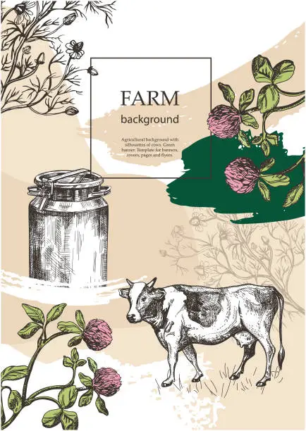 Vector illustration of Sample cover for agricultural brochure. Milk can, cow and meadow flowers. Template for dairy farm. Background for flyers, banners, posters. Sketch vector illustration.