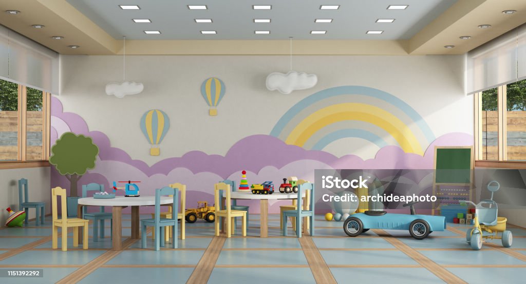 clase de kindergarten sin Childs-renderizado 3D - Foto de stock de Escuela preescolar libre de derechos