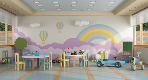 kindergarten class without childs - 3d rendering Colorful kindergarten class without Childs ,school desk, chair, toy and decoration on background wall- 3d rendering
The room does not exist in reality, Property model is not necessary playroom stock pictures, royalty-free photos & images