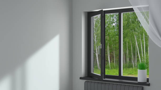 Black plastic window in the room 3d illustration. The open black modern plastic window in the room . aluminum stock pictures, royalty-free photos & images