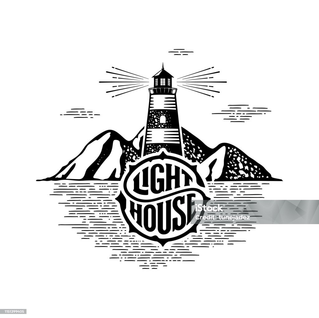 Lighthouse circle lettering mountains white Vector illustration Inspirational badge with lighthouse and handwritten circular calligraphy lettering for greeting cards, t-shirt print, posters, prints for home decorations. Vector illustration Lighthouse stock vector