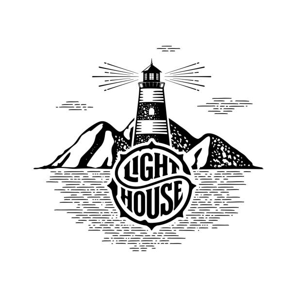 Lighthouse circle lettering mountains white Vector illustration Inspirational badge with lighthouse and handwritten circular calligraphy lettering for greeting cards, t-shirt print, posters, prints for home decorations. Vector illustration nautical tattoos stock illustrations
