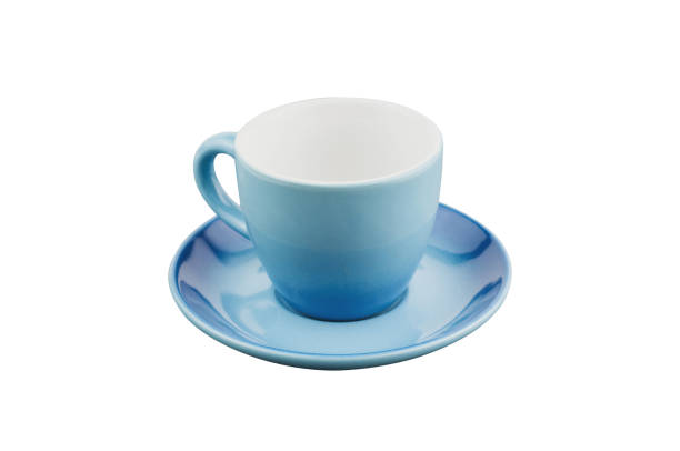 istock Single blue empty ceramic cup for drinks or other liquid products with circle saucer isolated on white background 1151400563