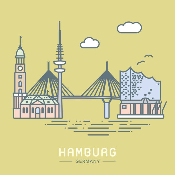Hamburg city landmarks vector illustration Line Icon style Hamburg city flat vector illustration köhlbrandbrücke stock illustrations