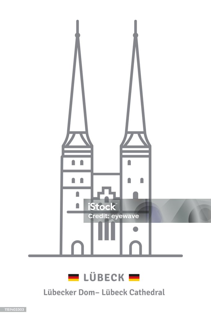 Lubeck cathedral line icon Line icon of Cathedral at Lubeck, Germany with German flags Lübeck stock vector
