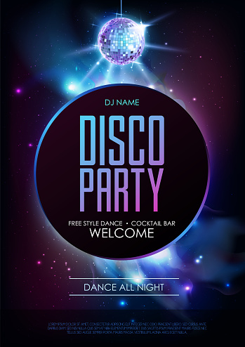 Disco ball background. Disco party poster on open space background. Night club