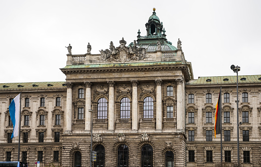 Palace of Justice - Justizpalast in Munich, Bavaria, Germany. German architecture. Building decorated with carving and sculptures in neo-baroque style. The palatial the old Palace of Justice.