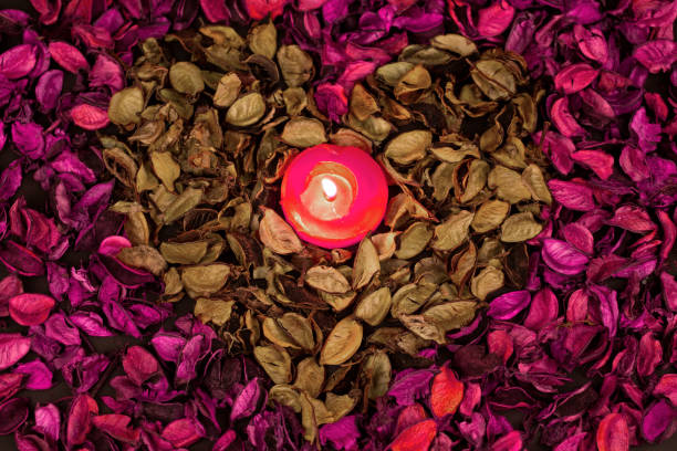 istock Candles and Heart shaped Dry Red Rose Petals 1151406525