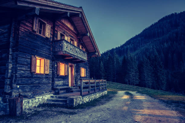 istock Holiday in the alps: Rustic wooden farm hut in the night. 1151408556
