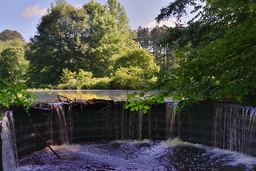 A dam, or weir, on the pond trail at the Pemberton Historical Park in salisbury, maryland on maryland’s eastern shore