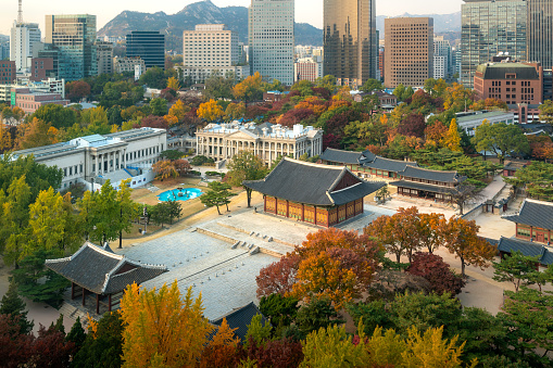 Deoksugung Palace and Seoul city in autumn season in Seoul, South Korea.