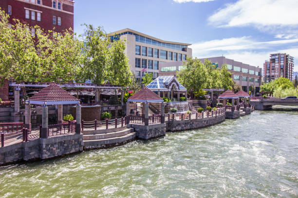 Pavilions On River Walk In Reno, Nevada River Walk Pavilions On Truckee River In Reno, Nevada truckee river photos stock pictures, royalty-free photos & images