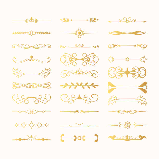Set of vintage hand drawn golden dividers and lines. Gold fancy borders and elegant laurels. Vector isolated flourish elements. vector art illustration