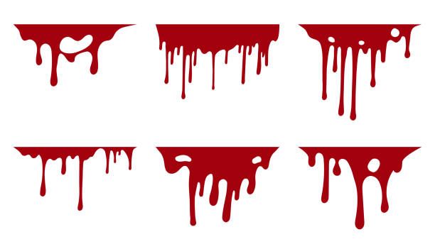 ilustrações de stock, clip art, desenhos animados e ícones de hand drawn collection of blood paint splatter backgrounds. horror leak. bloody ink drip. melting graffiti drops. vector isolated red grunge stain. - blood