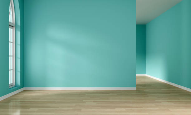 창에서 빛과 빈 녹색 방 인테리어, 3d 렌더링 - office parquet floor apartment three dimensional 뉴스 사진 이미지