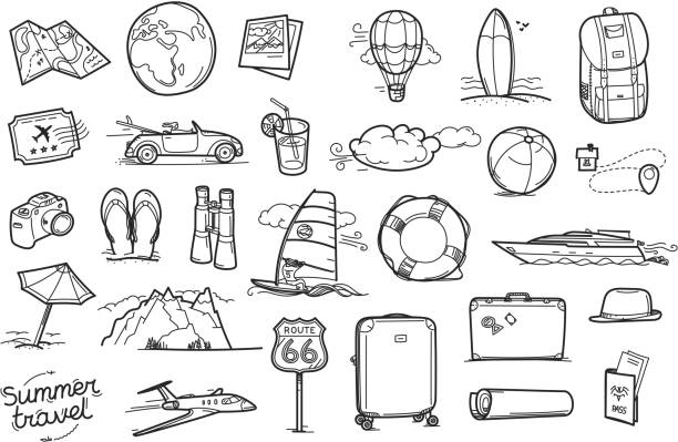 ilustraciones, imágenes clip art, dibujos animados e iconos de stock de elementos de doodle de viaje dibujados a mano - croquis ilustraciones