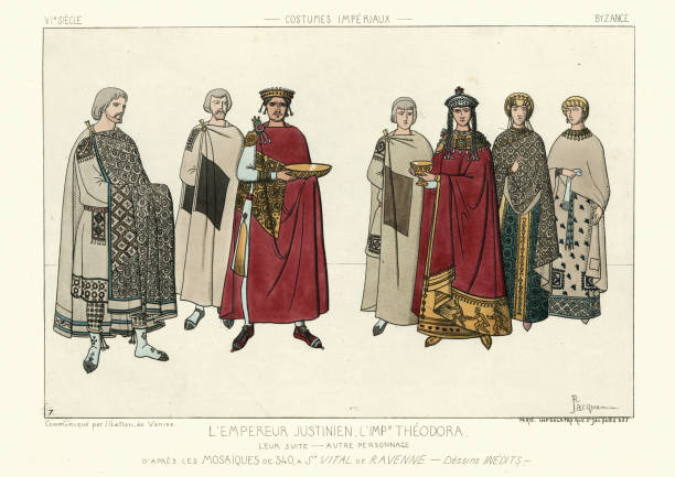 Byzantine Emperor Justinian I and Empress Theodora Vintage engraving of Byzantine Emperor Justinian I and Empress Theodora.  Justinian I traditionally known as Justinian the Great and also Saint Justinian the Great in the Eastern Orthodox Church, was the Eastern Roman emperor from 527 to 565. Iconographie generale et methodique du Costume, Raphael JACQUEMIN byzantine stock illustrations