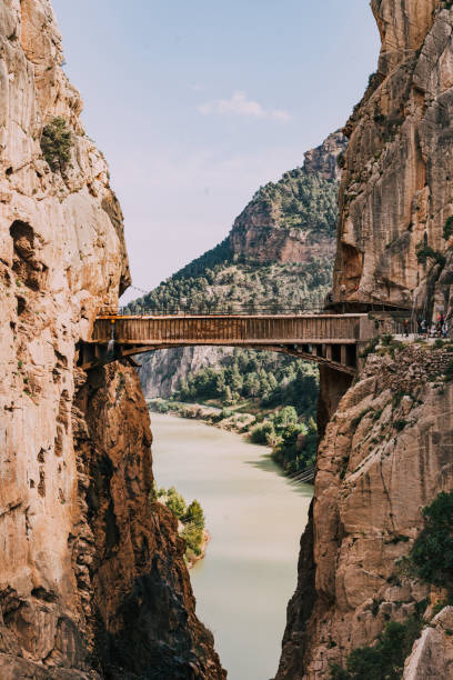 puente sobre el río entre montañas de roca en el sur de españa - caminito del rey provincia de málaga fotografías e imágenes de stock