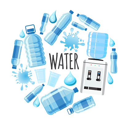 Flat clear water round concept with plastic glasses and bottles of fresh aqua liquid splashes drops water dispenser isolated vector illustration