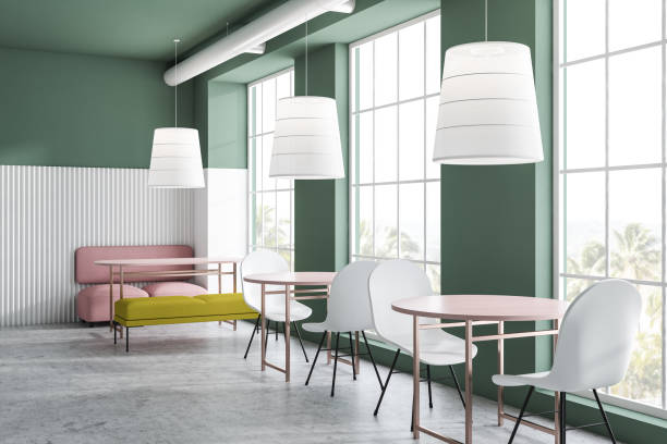 istock Bright green and white restaurant interior 1151425385