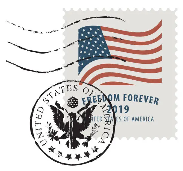 Vector illustration of postage stamp with the image of the american flag
